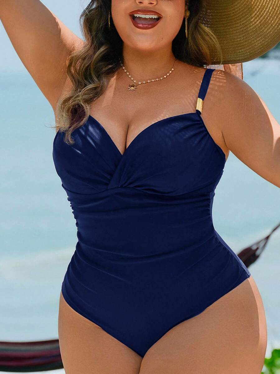 Swim Lushoire Solid Color Waist Cutout Metal Decor Elegant Plus Size One-Piece Swimsuit, Suitable For Beach Vacation - Navy Blue - View 1