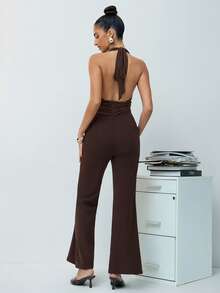 Hauture Bộ jumpsuit co giãn, cổ yếm, cài cúc phía trước. - Cà phê nâu - Xem 4