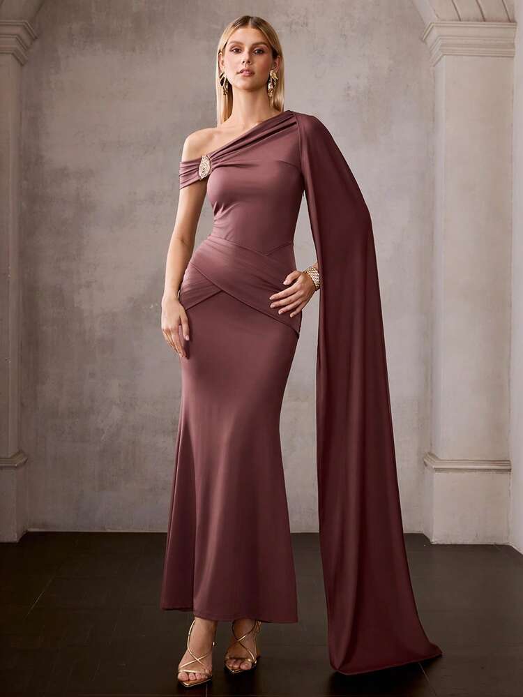 MOTF Soiréza ELEGANT MAUVE ONE SHOULDER RUCHED MERMAID MAXI DRESS LONG CAPE SLEEVE METAL DECOR SPRING SUMMER OUTFITS FOR WEDDING GUEST, EVENING PARTY, FORMAL, BANQUET