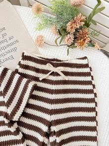 SHEIN Young Girl Striped Print Round Neck Short Sleeve T-Shirt And Pants Casual Set - Multicolor - View 5