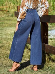EMERY ROSE Women's Pocket Button Casual Versatile Daily Wear Wide Leg Jeans - Blue - View 2
