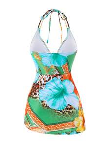 Swim Lushoire Urlaubsessentiell Tropisches Muster Neckholder Badeanzug-Kleid, asymmetrischer Rock mit Wickeltaille Ein-Teiler Badeanzug, bescheidene Strandbekleidung - Verschiedenfarbig - Übersicht 7