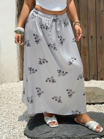 Dazy Plus Falda larga de línea A con cordón en la cintura, estampado floral diminuto, elegante talla grande para primavera/verano