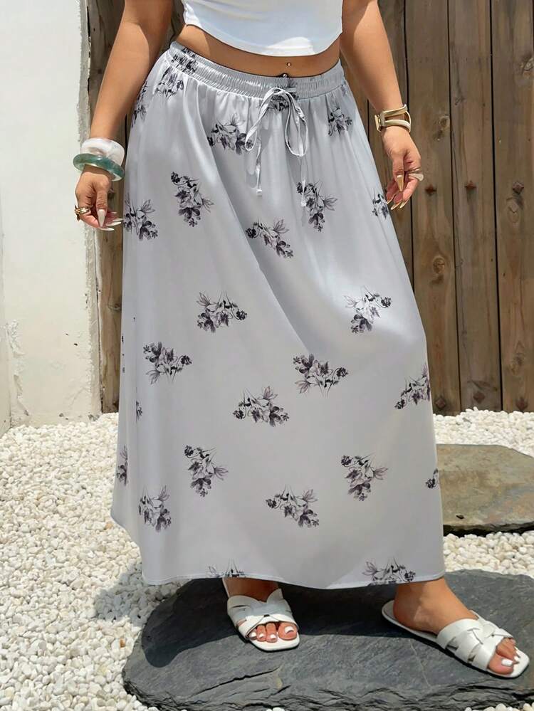Dazy Plus Ditsy Floral Drawstring Tie Waist A-Line Maxi Skirt, Elegant Plus Size For Spring/Summer