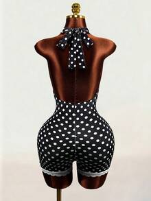 Mistrie Hàng mới về mùa xuân/hè: Bộ jumpsuit nữ kiểu dáng casual họa tiết chấm bi, cổ yếm, khoét eo gợi cảm. - màu đen - Xem 2