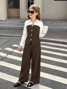 SHEIN 2件套少女休闲优雅撞色二合一衬衫裤套装，适合日常穿着、通勤、秋冬季节，母女装 - 棕色 - 查看 3