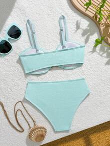 Swimwear, Tween Girls Bikini Sets, Tween Girls Swimwear Set, Casual Green Light Green Special Fabric, Knitted Fabric, Strapless Design, Starfish Decoration, Fashionable Leisure, Exquisite And Gorgeous Ladies Suitable For Swimming, Suitable For Summer Vacation, Beach Beach, Swimming Pool, Summer Party, Leisure Vacation Starfish Bikini Bikini Set For Girl Summer Bikini - Mint Green - View 2