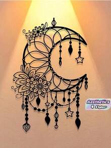 Elegant Gothic Crescent Moon & Floral Metal Wall Art - Intricate Design With Beads & Stars | Perfect For Home, Office, Cafe Decor | Easy-To-Hang Craft Ornament For Living Room, Bedroom, Patio, Kitchen, Garden | Ideal Housewarming Or Birthday Gift - Black - View 2