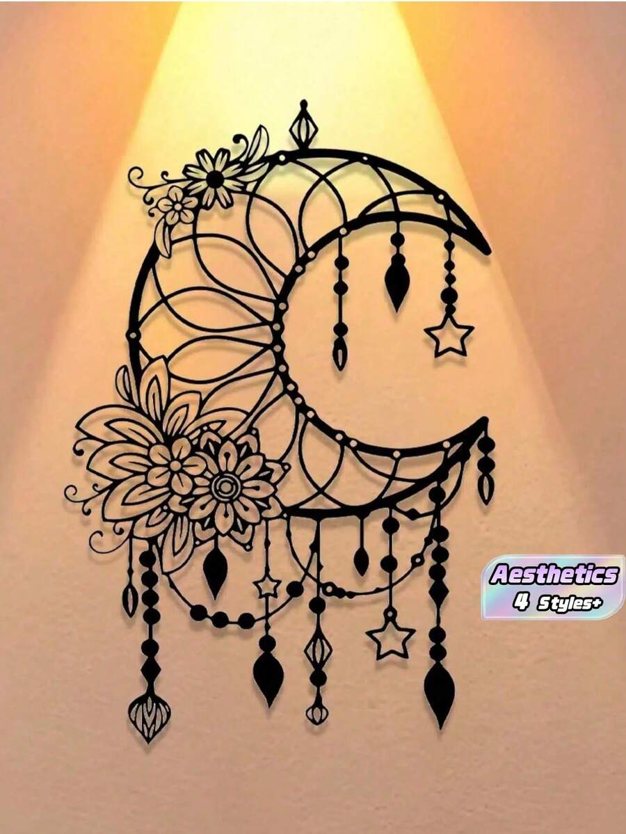 Elegant Gothic Crescent Moon & Floral Metal Wall Art - Intricate Design With Beads & Stars | Perfect For Home, Office, Cafe Decor | Easy-To-Hang Craft Ornament For Living Room, Bedroom, Patio, Kitchen, Garden | Ideal Housewarming Or Birthday Gift