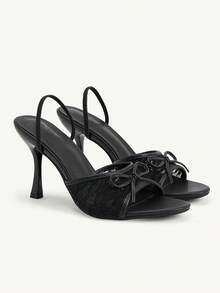 CUCCOO CHICEST 女士时尚高跟凉鞋，蝴蝶结猫跟网眼设计，四季皆宜，通勤优雅百搭，适合节日、办公室、户外、日常穿着。 - 黑色 - 查看 1
