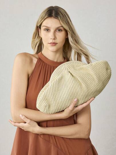 MOTF BOLSO DE MANO DE PAJA PLISADO PARA DAMAS, EXQUISITO Y SENCILLO, BOLSO TEJIDO BEIGE LIGERO Y DE MODA PARA VACACIONES, ADECUADO PARA CITAS, VACACIONES, COMPRAS, VIAJES
