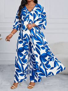 SHEIN Lady 白色秋季優雅大尺碼女款全印花V領長上衣＋寬腿褲休閒兩件套，適合單身派對、茶會、度假度假風 - 彩色 - 查看 6