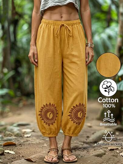 EMERY ROSE Women's 100% Cotton Bohemian Style Summer Mustard Yellow Washed Cotton Abstract Print Elastic Waist Side Pockets Tapered Leg Loose Casual Harem Pants