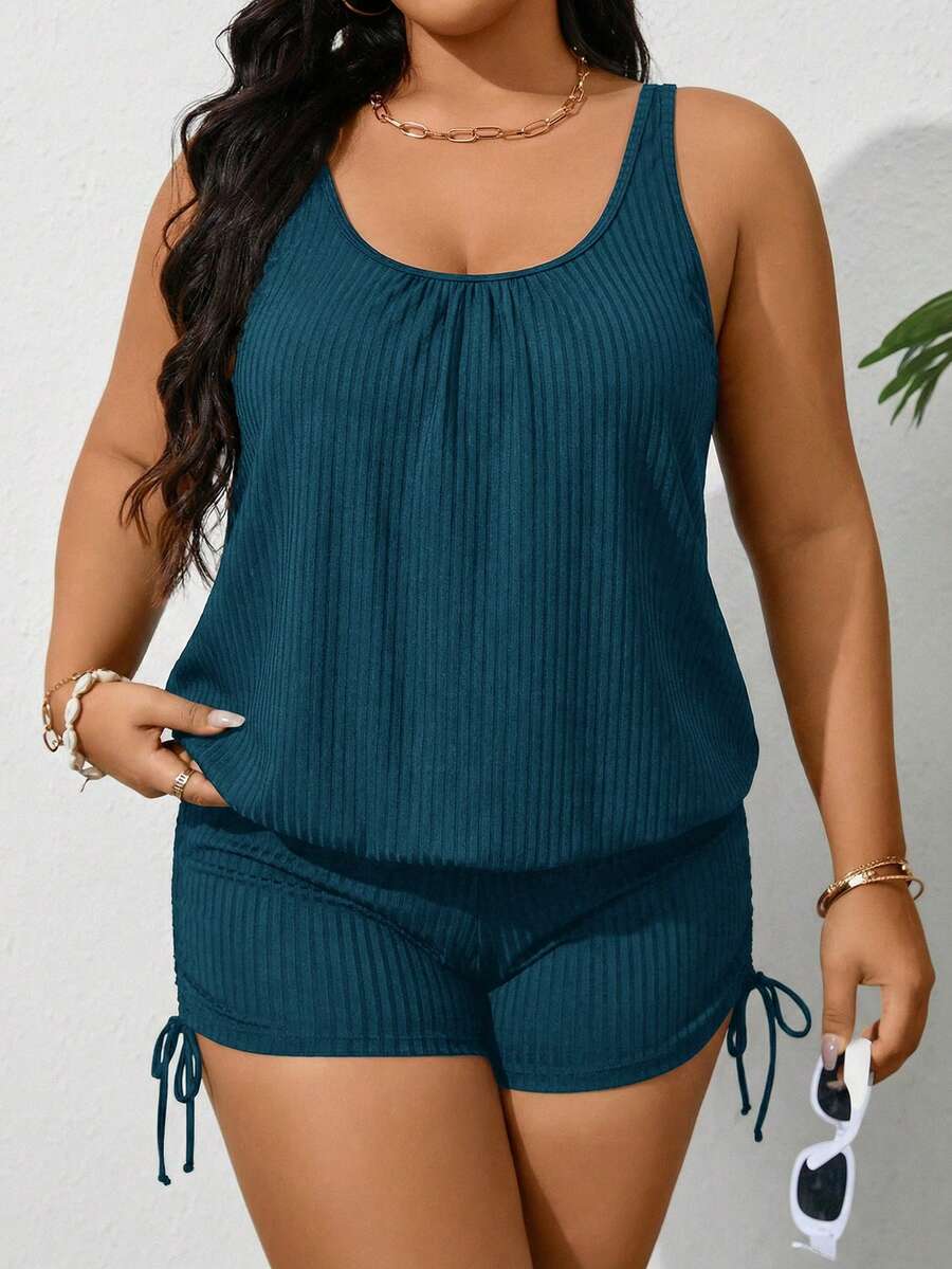 Swim Lushoire Baju Renang Tankini Ukuran Besar Motif Garis-garis Bertekstur Hitam Polos untuk Liburan Pantai Musim Panas 2026