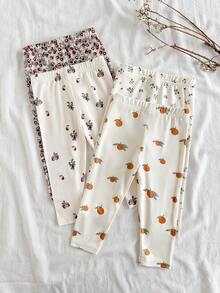 SHEIN Vintaside Kids Bộ 4 chiếc quần legging họa tiết hoa nhí cổ điển, kiểu dáng tối giản, thoải mái, mềm mại, thoáng khí cho bé gái, giá cả phải chăng, phù hợp cho bé mặc thường ngày hoặc chơi ngoài trời vào mùa xuân/hè. - Màu be - Xem 3