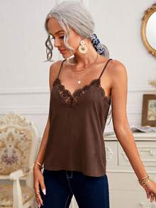 SHEIN Frenchy Kamisol Katun 100% Cokelat dengan Renda Kontras, Cocok untuk Musim Panas, Atasan Musim Panas - Coklat - View 4