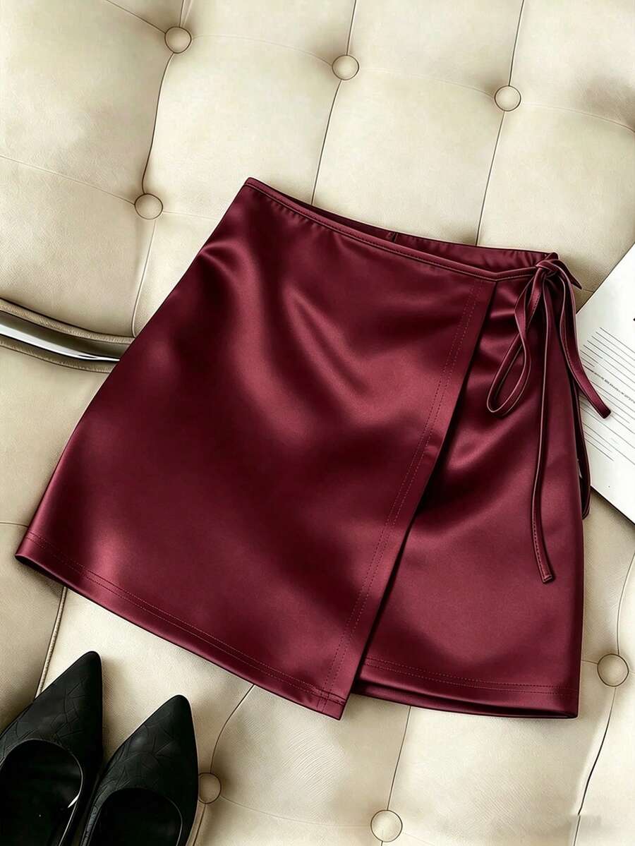 Franclia Chân váy satin phía trước thanh lịch, kiểu dáng thường ngày, đa năng, phù hợp cho công sở và đi biển dành cho nữ, mùa xuân/hè. - Màu Đỏ Sâu - Xem 1