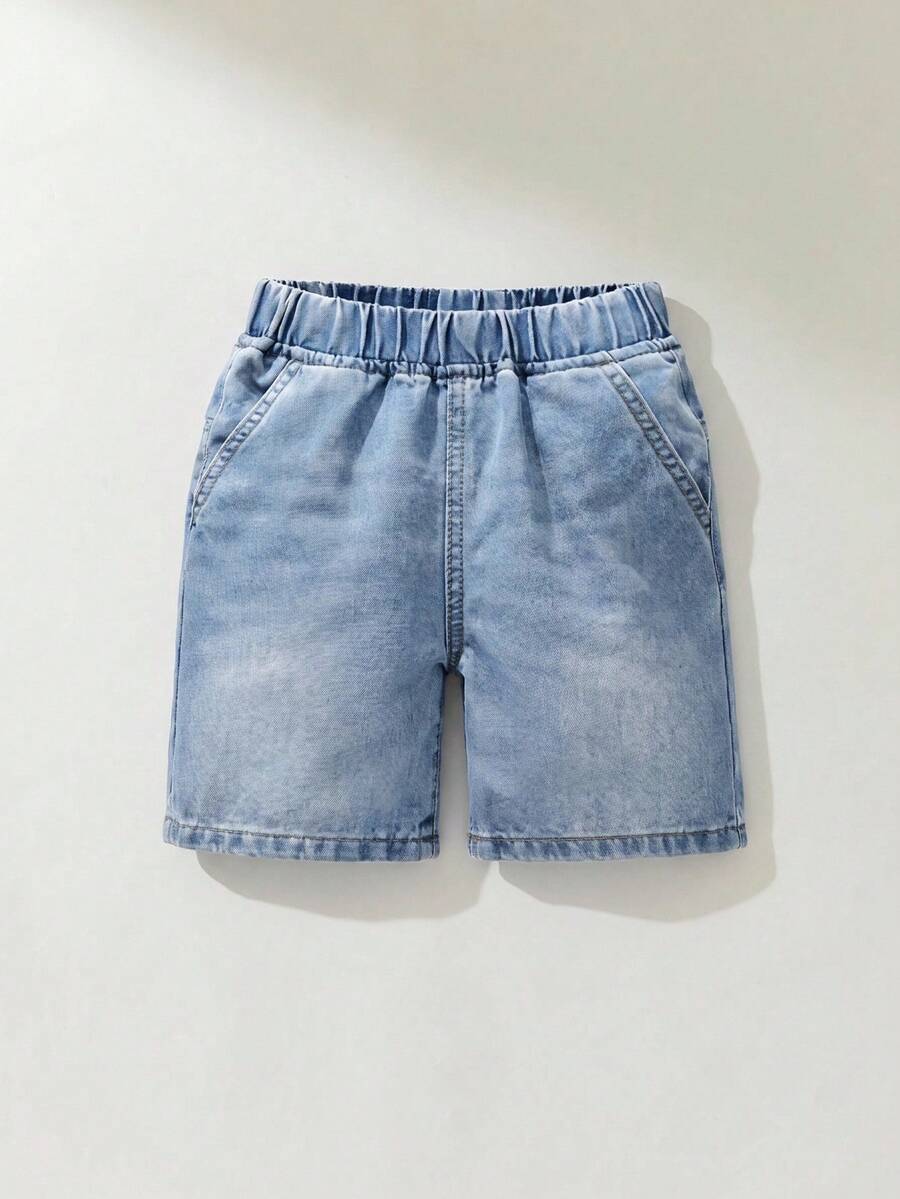 SHEIN Quần short denim giặt lưng thun cho bé trai - Rửa nhẹ - Xem 1