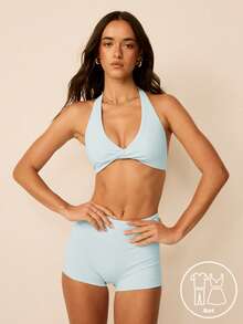 Aralina Setelan Olahraga Wanita 2 Potong Leisurewear Active, Atasan Crop Halterneck Depan Berpilin dan Celana Pendek Mikro untuk Gym. - Baby Blue - View 1