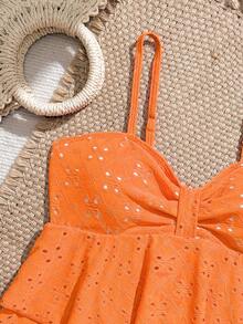 SHEIN Baju Renang 2 Potong Warna Polos dengan Detail Lubang untuk Remaja Perempuan, Cocok untuk Pantai, Resor, dan Musim Panas di Pantai dan Resor. - Jeruk - View 6