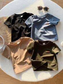 SHEIN 男女宝宝4件套纯色基础款圆领短袖针织T恤套装，舒适休闲百搭，适合春夏室内外活动 - 彩色 - 查看 8