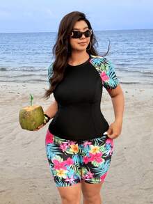 Swim Lushoire 2026 New Summer Beach Vacation Plus Size Women Outdoor Sports Solid Color Patchwork Printed Short Sleeve Beach Pants Swimwear Set, Summer - Multicolor - View 4