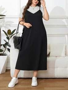 SHEIN LUNE 大尺碼女款純色細肩帶洋裝與波點短袖上衣休閒日常兩件套 - 彩色 - 查看 5