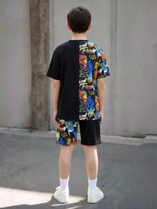 SHEIN 2件套儿童/青少年男童休闲电子游戏图案圆领T恤和短裤套装，适合通勤、上学、日常休闲穿着、运动、春夏穿着 - 黑色 - 查看 4