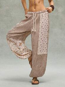 SHEIN BohoFeels Women's Casual Woven Patchwork Loose Drawstring Ankle Pants - Brown - View 1