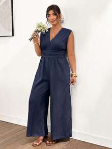 Lounesse Plus Size Women V-Neck Waist Cinched Long Green Sleeveless Jumpsuit Dress, Versatile Casual Commuter Wear, Textured Fabric - Blue - View 4