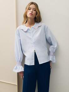 Nöista Striped Blouse With Floral Trim And Puff Sleeves For Summer Vacation And Casual Chic Looks. - Blue - View 4