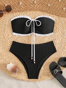SHEIN Swim Women's Black And White Striped Summer Cute Beach Holiday Strapless Ruffled Bikini Set With Delicate Pearl Pendant And Drawstring Tie Elegant - Black and White - View 6