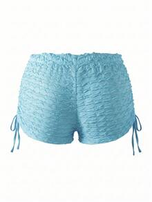 Sweetra CURVE Quần short skinny gợi cảm dành cho nữ cỡ lớn, chất liệu vải có họa tiết, khóa kim loại trang trí, dây rút ở eo, thiết kế nhún bèo bên hông, phù hợp cho kỳ nghỉ và mặc hàng ngày. - Màu xanh lam - Xem 2