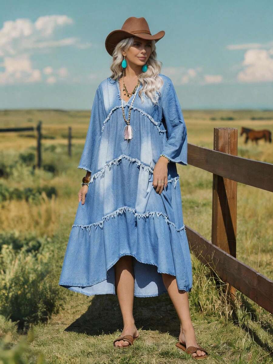 EMERY ROSE Đầm denim nữ dáng suông, chất liệu denim bạc màu, có bèo nhún ở gấu, thích hợp cho mùa thu. - Rửa nhẹ - Xem 1