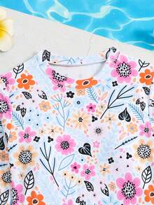 SHEIN Tween Girl Floral Print Tankini Swimwear 2 Pieces Set, Random Print - Blue - View 4