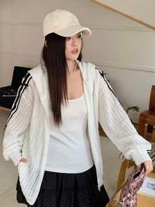 Dazy Plus Textured Lace Fabric Korean Style Striped Patchwork Loose Bow Decor Casual Long Sleeve Spring/Summer White Plus Size Women Regular Jacket - White - View 5