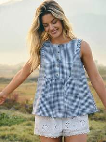 WESTFADE Áo thun cotton pha kẻ caro cổ tròn cài cúc phía trước kiểu miền Tây, vạt trước ngắn vạt sau dài. - Màu xanh nhạt - Xem 3