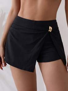 Swim SPRTY Quần short đi biển nữ thanh lịch, thoải mái, đồ bơi lãng mạn cho kỳ nghỉ, chi tiết trang trí kim loại, quần short thiết kế phối váy, tôn dáng, thích hợp cho bãi biển, khu nghỉ dưỡng, spa, lễ hội âm nhạc, tuần trăng mật và kỳ nghỉ thư giãn. - màu đen - Xem 3