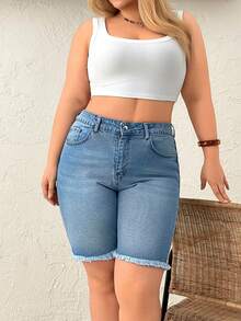 SHEIN Plus High Waist Regular Fit Casual Style Light Blue Wash Button Front Denim Short Formal Vacation Holiday Summer - Light Wash - View 7