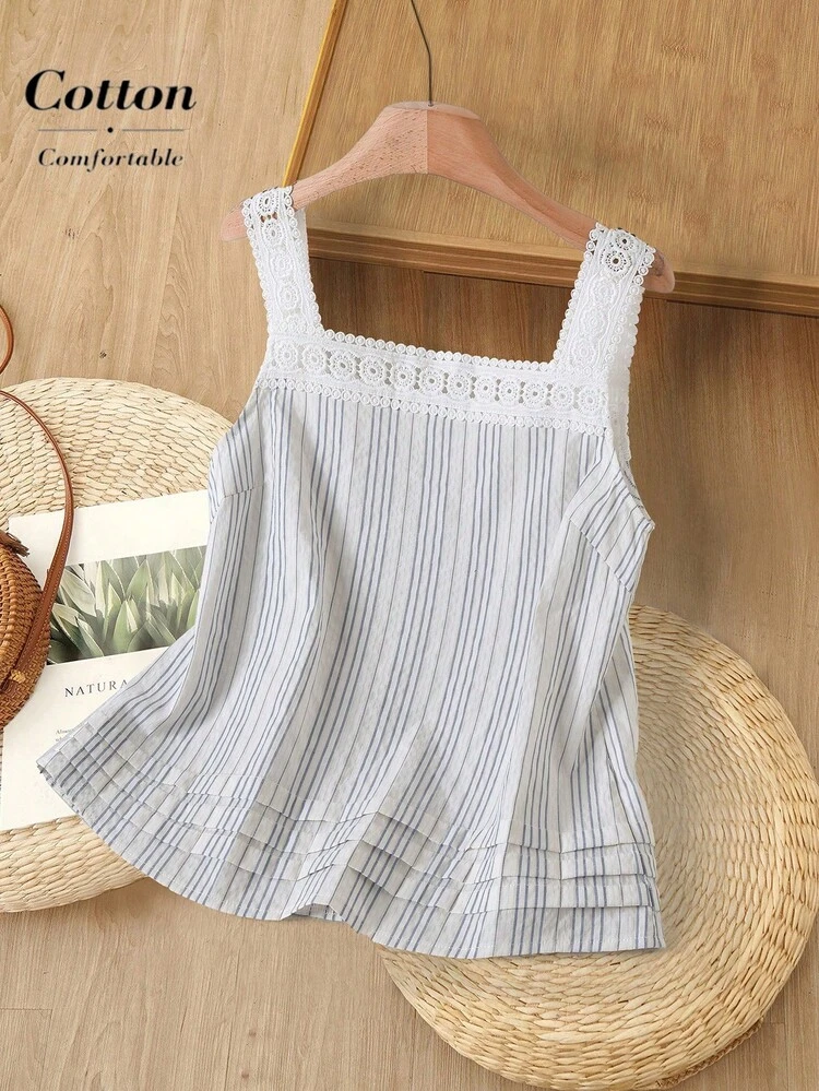 Plus Size Striped Minimalist Daily Wear Square Neck Sleeveless Shirt Summer Summer Outfit For Women Festival Outfits For Women Beach Outfits For Women Vacation Outfits Women Holiday Outfits  For Women Country Concert Outfit Summer Tops