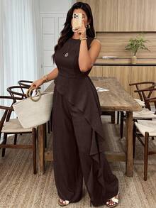 Weeklong Plus Size Women Spring/Summer Round Neck Waist Cinched Asymmetric Hem Ruffle Casual Suit - Brown - View 1