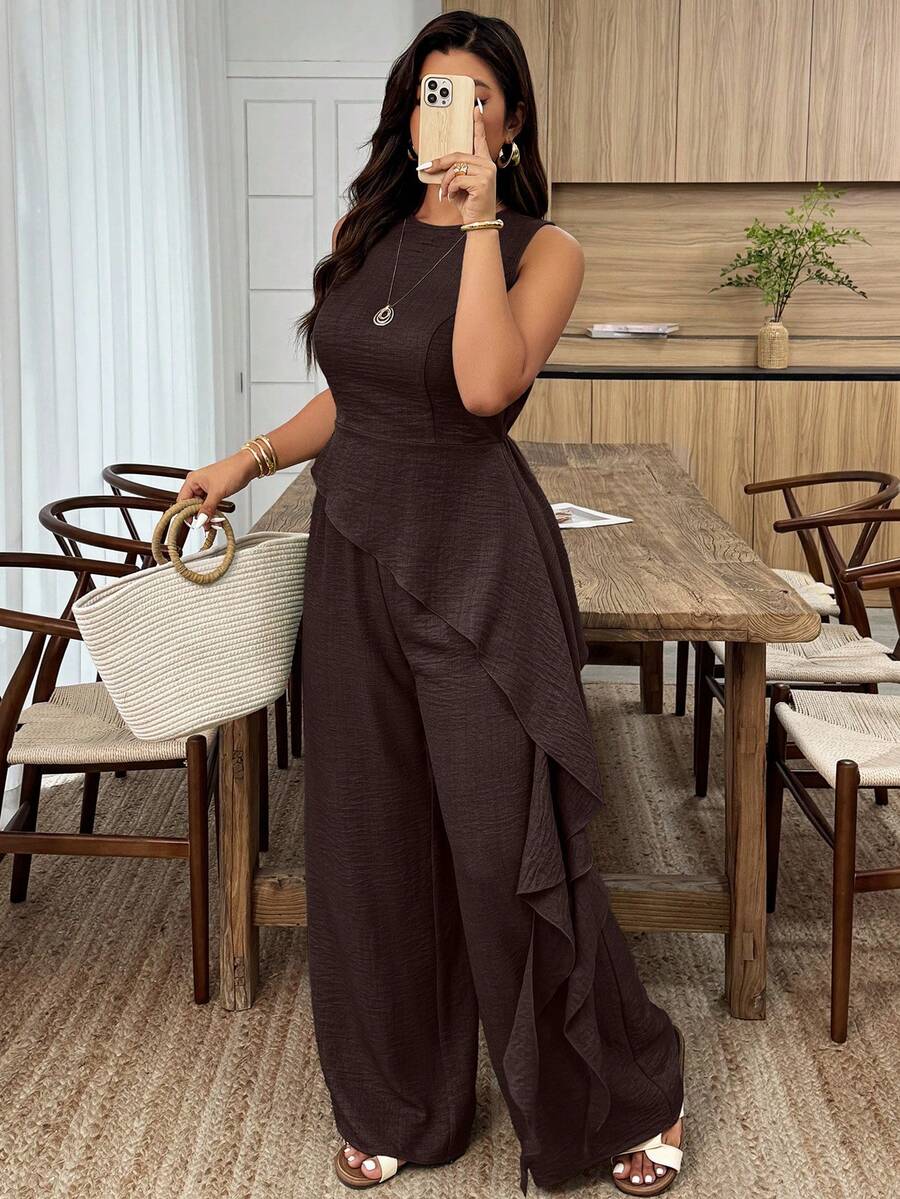 Weeklong Plus Size Women Spring/Summer Round Neck Waist Cinched Asymmetric Hem Ruffle Casual Suit - Brown - View 1