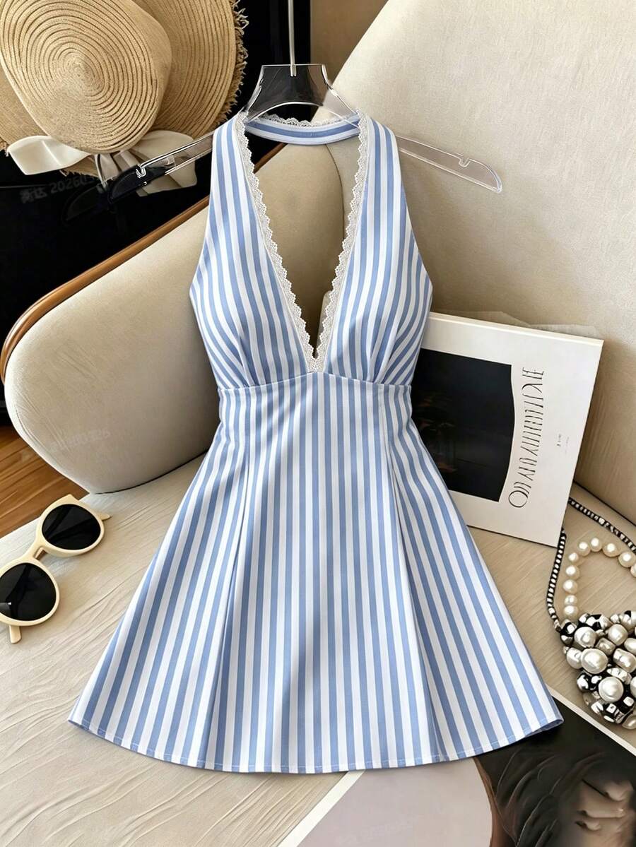 SHEIN Franclia Đầm ngắn cổ yếm xếp nếp kẻ sọc dành cho nữ, đầm đi nghỉ mát dành cho nữ, đầm kẻ sọc dành cho nữ - Màu xanh nhạt - Xem 1