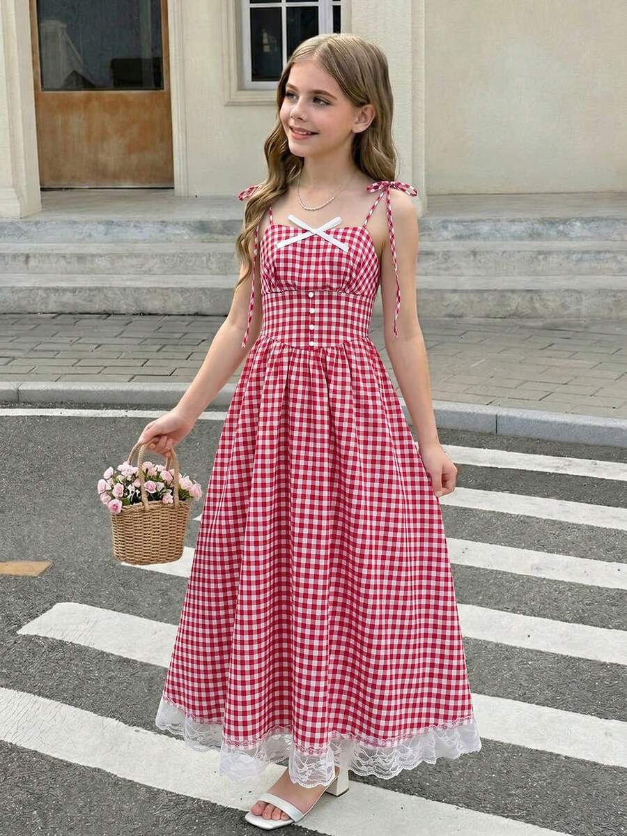 SHEIN Vestido de media manga sin mangas con estampado floral pequeño para niña preadolescente, color rosa fresco - Rojo - Ver 1