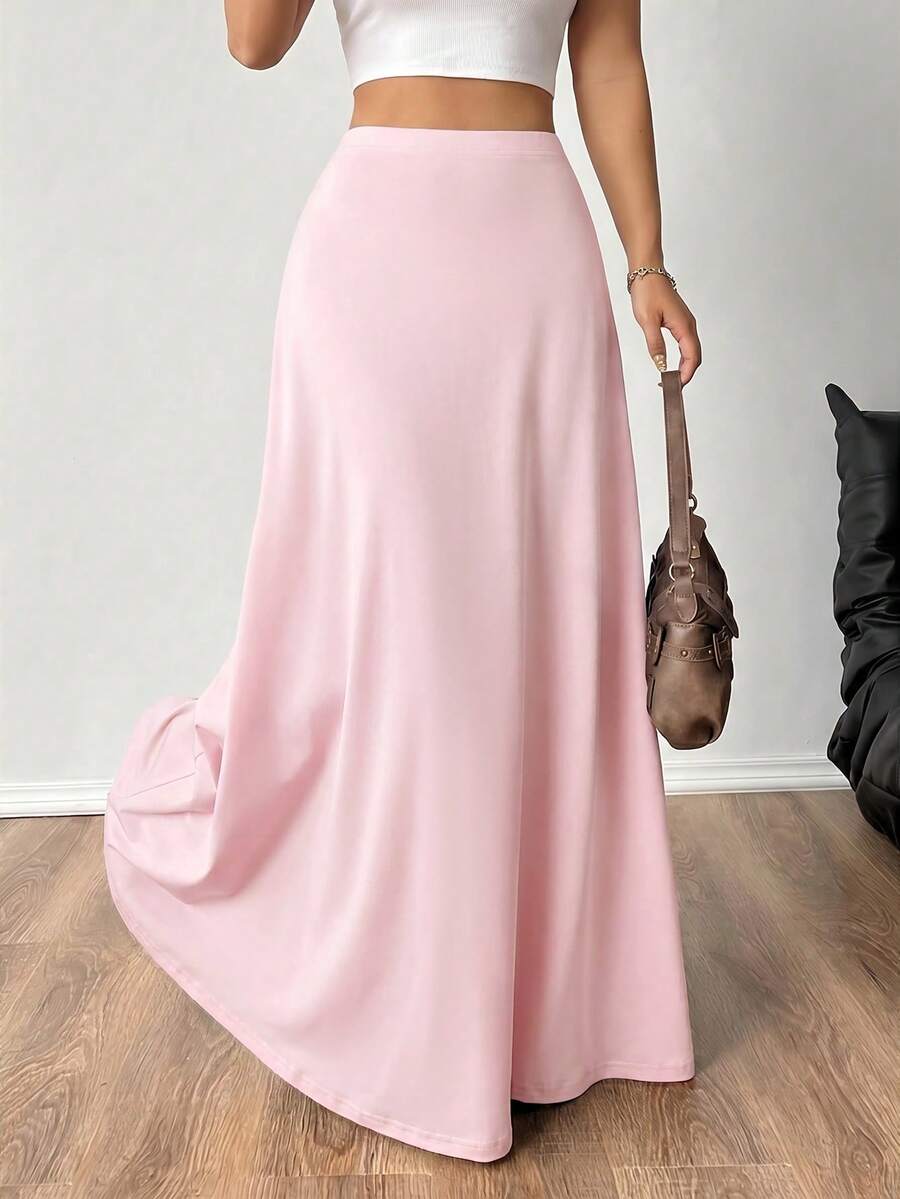 SHEIN EZwear 女款彈性腰純色極簡A字長裙,女款休閒不對稱修身純粉色裙,適合春/秋日常休閒穿著 - 粉色 - 查看 1
