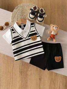 SHEIN Playful Pals 2pcs/Set Infant Toddler Baby Boy Striped Knit Vest & Polo Shirt Bear Patch Shorts Summer Cute Family Matching Back-To-School Black And White Checkered - Apricot - View 3