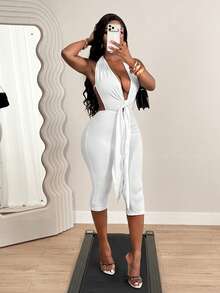 BamGleam Bộ jumpsuit nữ thiết kế khoét lưng cổ chữ V sâu, phù hợp cho hẹn hò, chụp ảnh, tiệc tùng, đi club, tiệc chiêu đãi, kỳ nghỉ biển. Bộ jumpsuit gợi cảm, co giãn tốt, ôm eo. - trắng - Xem 5