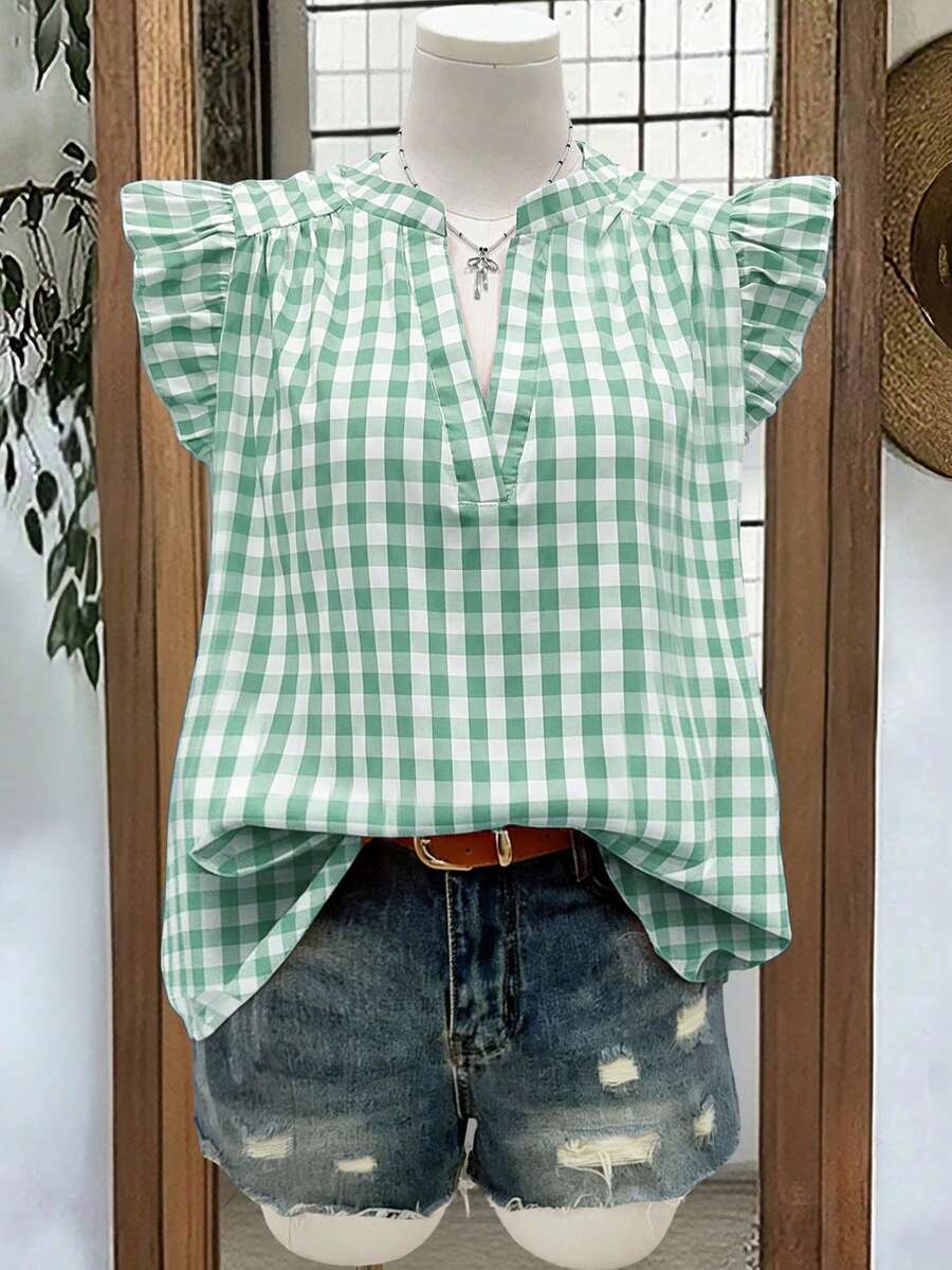 Linhara 夏季加大码V领褶皱格纹喇叭袖衬衫 - 綠色 - 查看 1