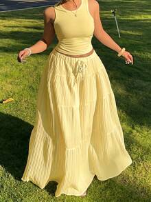 GalTyme Set 2pcs Ukuran Plus Warna Putih: Tank Top Tanpa Lengan & Rok Maxi - Kuning - View 1