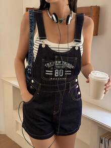 DAZY Quần yếm denim nữ mùa hè in họa tiết, kiểu dáng thường ngày. - Rửa tối - Xem 5